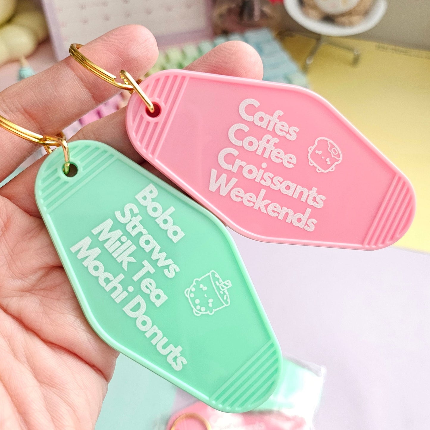 Coffee, Cafes, Croissants, & Weekends  Motel Keychain